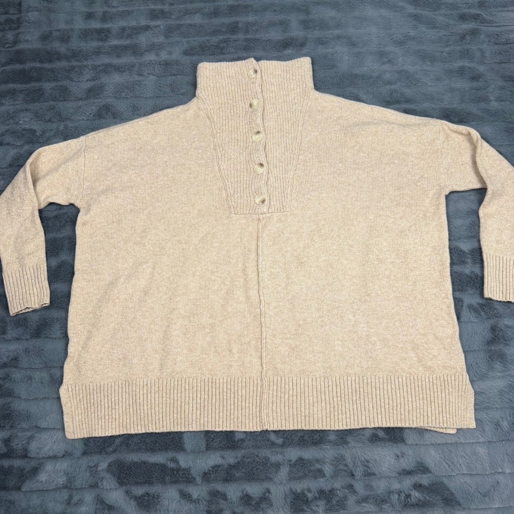 LOFT Womens Oatmeal Beige Button Funnel Neck Oversized Sweater XS 13182